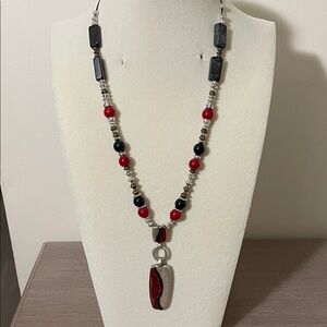 Artisan Red and Black Beaded Necklace with Silver Accents